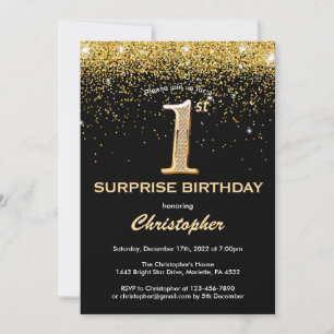 Surprise 1st Birthday Black and Gold Glitter Invitation