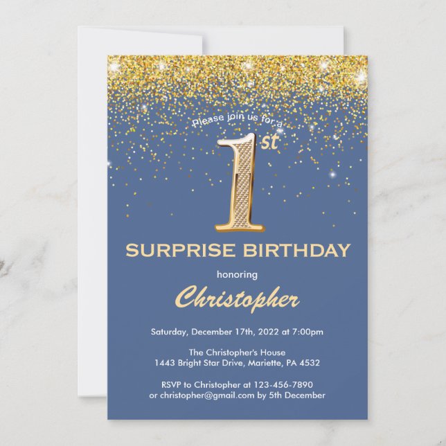 Surprise 1st Birthday Blue and Gold Glitter Invitation (Front)