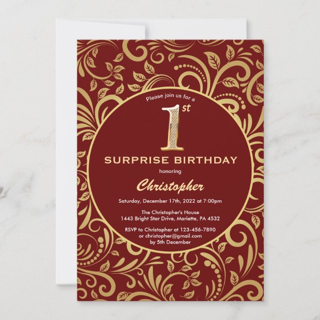 Surprise 1st Birthday Burgundy Red & Gold Floral Invitation (Front)