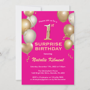 Surprise 1st Birthday Hot Pink and Gold Balloons Invitation