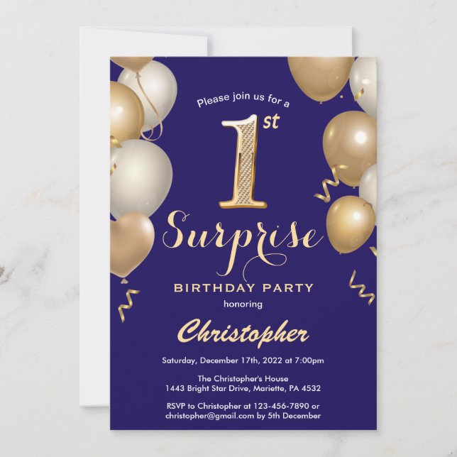 Surprise 1st Birthday Navy Blue and Gold Balloons Invitation (Front)