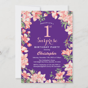 Surprise 1st Birthday Pink Floral Flowers Purple Invitation