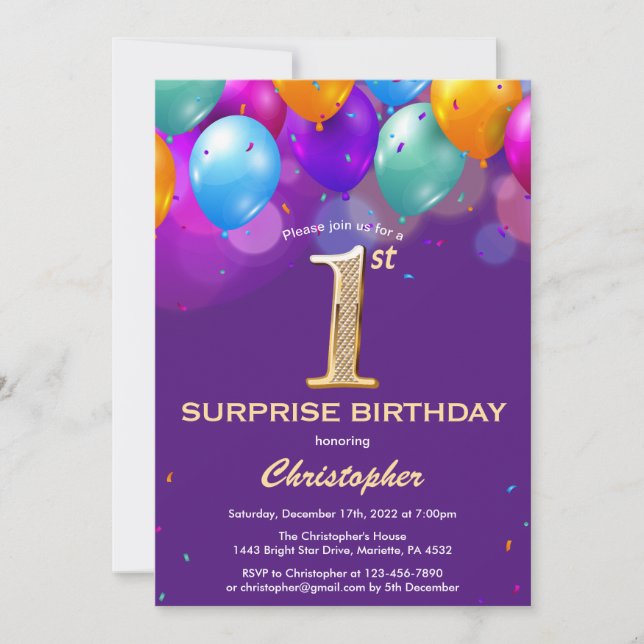 Surprise 1st Birthday Purple and Gold Balloons Invitation (Front)