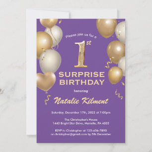 Surprise 1st Birthday Purple and Gold Balloons Invitation