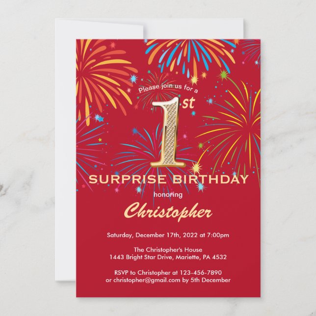 Surprise 1st Birthday Red & Gold Rainbow Firework Invitation (Front)