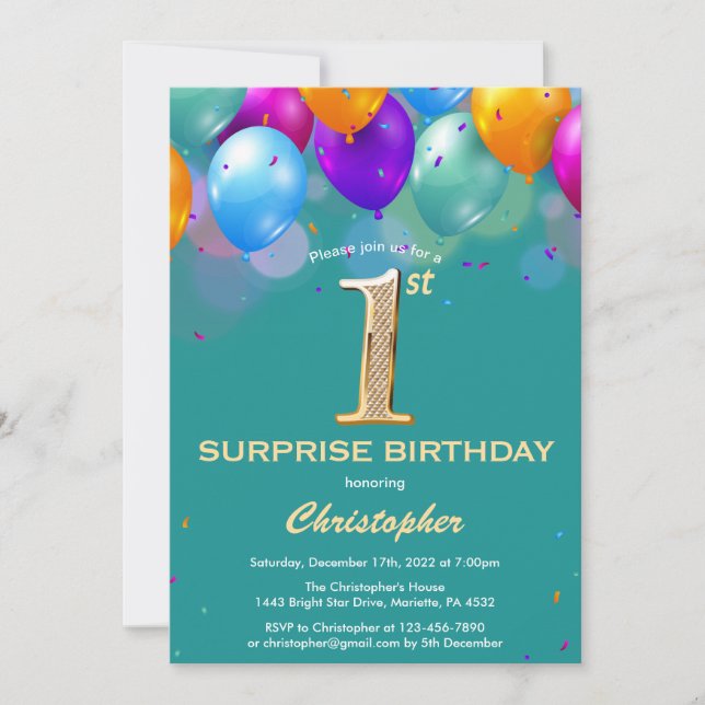 Surprise 1st Birthday Teal and Gold Balloons Invitation (Front)