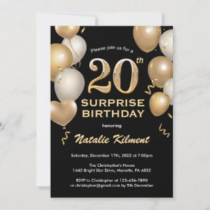 Surprise 20th Birthday Black and Gold Balloons Invitation