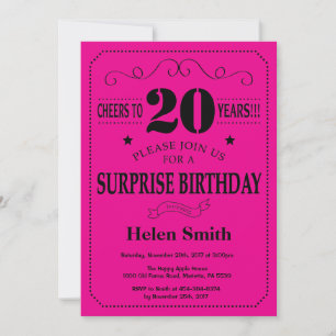 Surprise 20th Birthday Black and Hot Pink Invitation