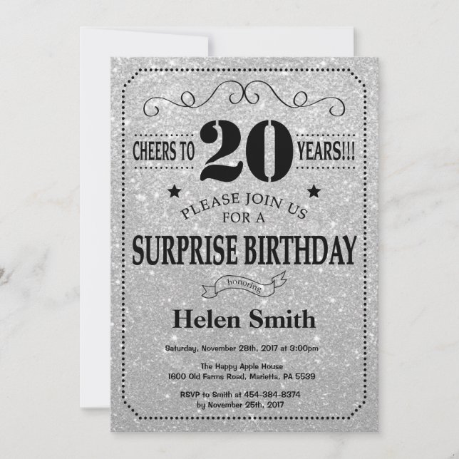 Surprise 20th Birthday Black and Silver Glitter Invitation (Front)