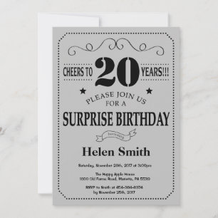 Surprise 20th Birthday Black and Silver Grey Invitation