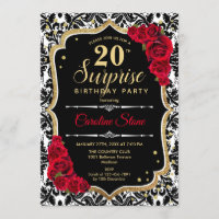 Surprise 20th Birthday - Black Gold Red Invitation