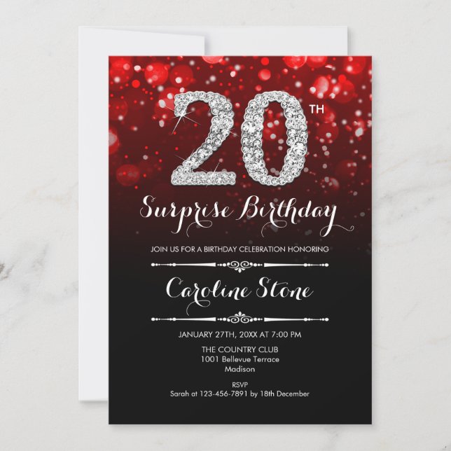 Surprise 20th Birthday - Black Red Silver Invitation (Front)
