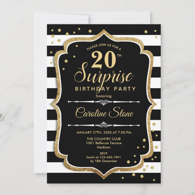 Surprise 20th Birthday - Black White Gold Invitation (Front)