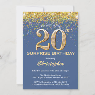 Surprise 20th Birthday Blue and Gold Glitter Invitation