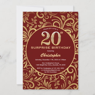 Surprise 20th Birthday Burgundy Red & Gold Floral Invitation