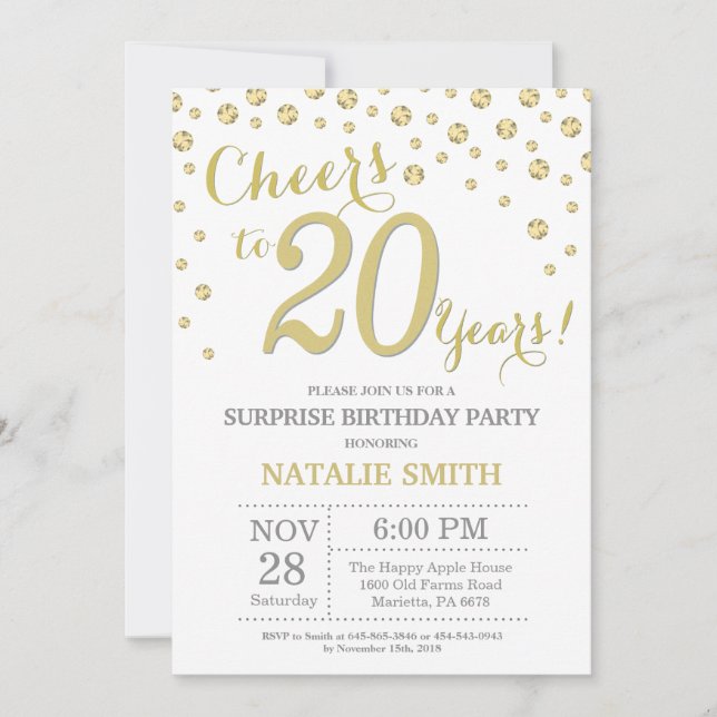 Surprise 20th Birthday Gold Glitter Diamond Invitation (Front)