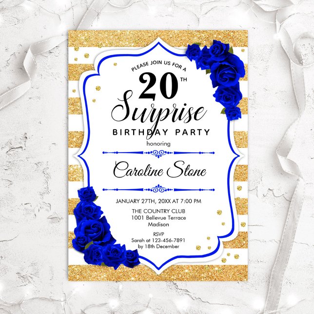Surprise 20th Birthday - Gold White Royal Blue Invitation (Creator Uploaded)