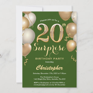 Surprise 20th Birthday Green and Gold Balloons Invitation