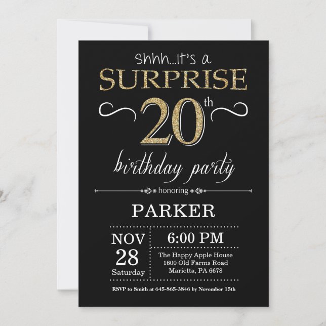 Surprise 20th Birthday Invitation Black and Gold (Front)