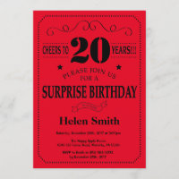 Surprise 20th Birthday Invitation Black and Red