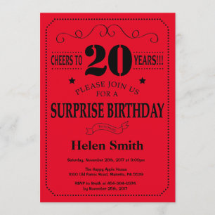 Surprise 20th Birthday Invitation Black and Red