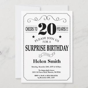 Surprise 20th Birthday Invitation Black and White