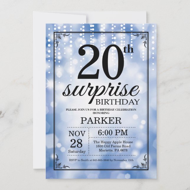 Surprise 20th Birthday Invitation Blue Glitter (Front)