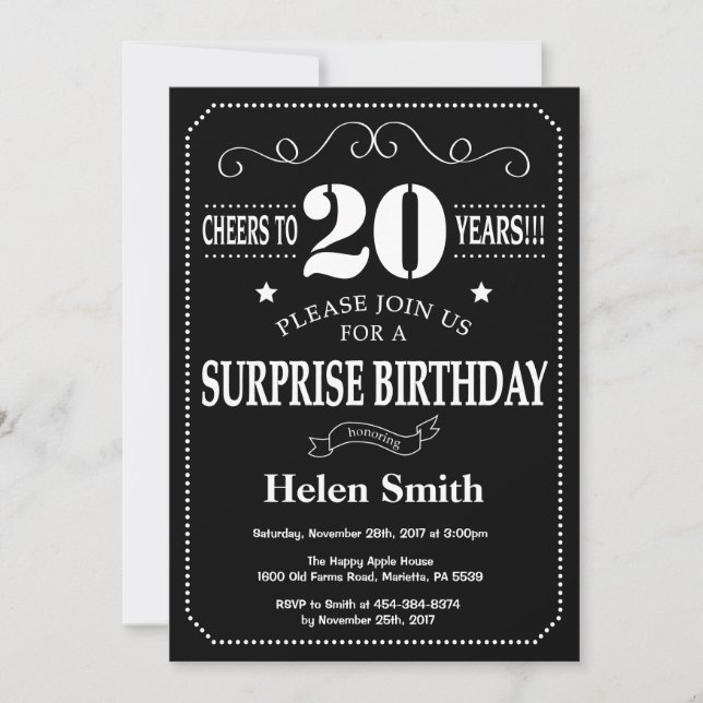 Surprise 20th Birthday Invitation Chalkboard (Front)