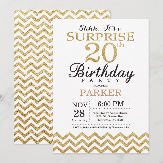Surprise 20th Birthday Invitation Gold Glitter (Front/Back)