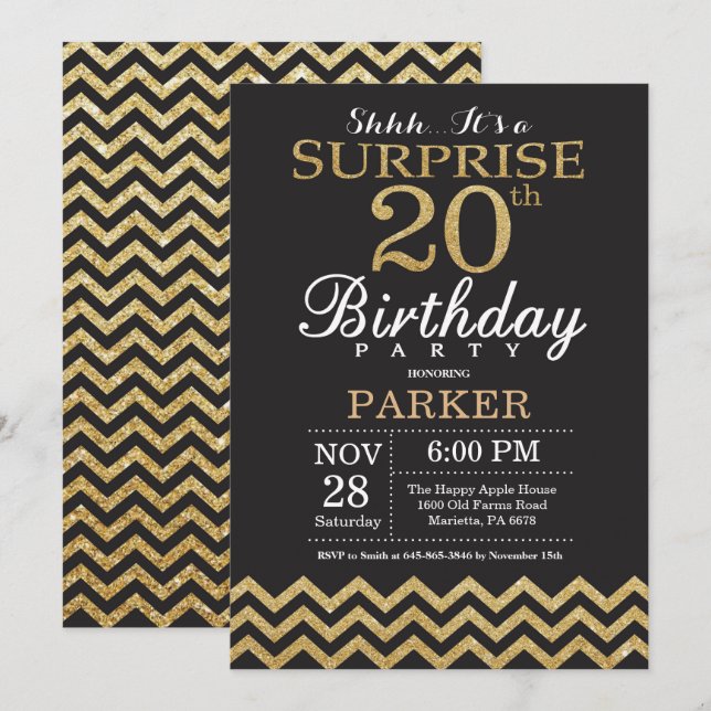 Surprise 20th Birthday Invitation Gold Glitter (Front/Back)