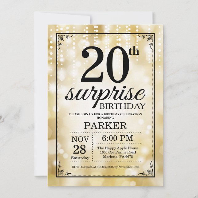 Surprise 20th Birthday Invitation Gold Glitter (Front)