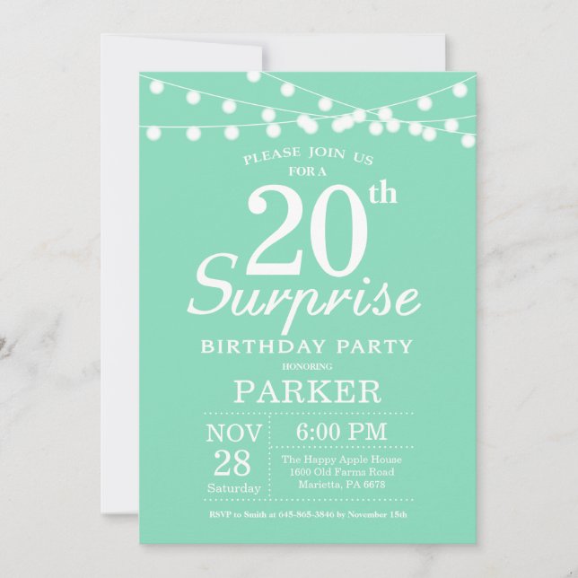 Surprise 20th Birthday Invitation Mint Green (Front)