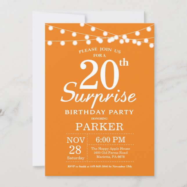 Surprise 20th Birthday Invitation Orange (Front)