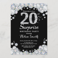 Surprise 20th Birthday Invitation Silver Diamond