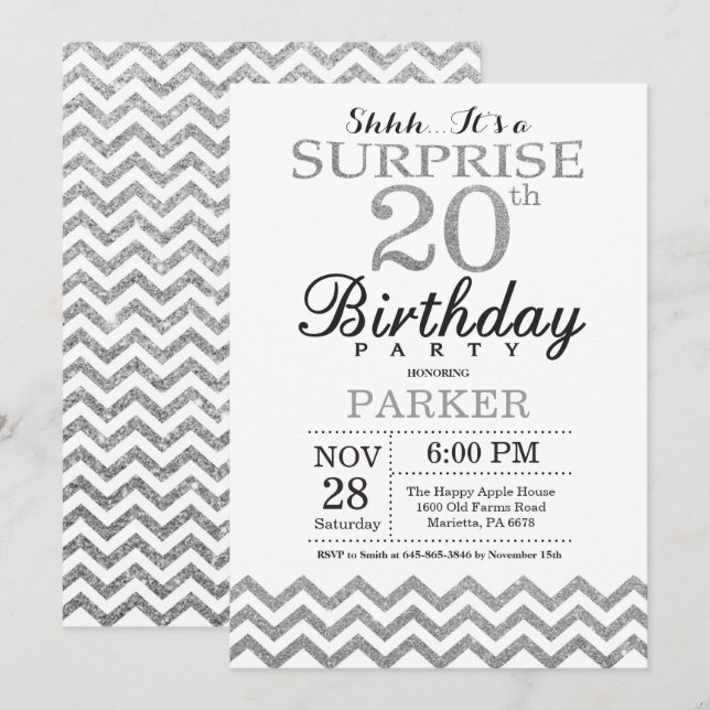 Surprise 20th Birthday Invitation Silver Glitter (Front/Back)