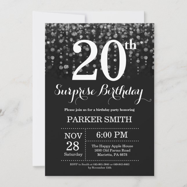 Surprise 20th Birthday Invitation Silver Glitter (Front)