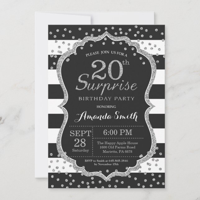 Surprise 20th Birthday Invitation. Silver Glitter Invitation (Front)