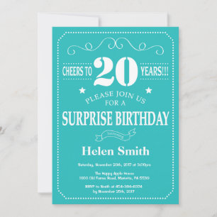 Surprise 20th Birthday Invitation Teal and White