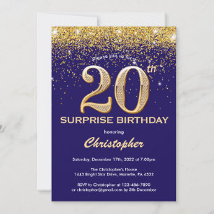Surprise 20th Birthday Navy Blue and Gold Glitter Invitation
