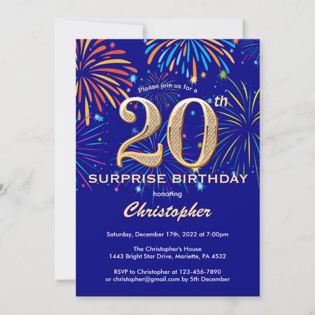 Surprise 20th Birthday Navy Blue & Gold Firework Invitation (Front)