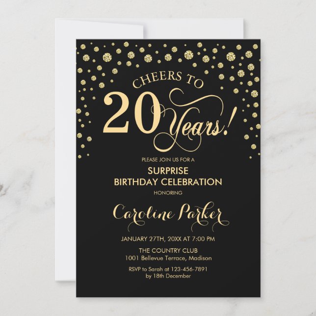 Surprise 20th Birthday Party - Gold Black Invitation (Front)