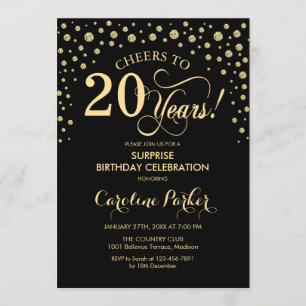 Surprise 20th Birthday Party - Gold Black Invitation