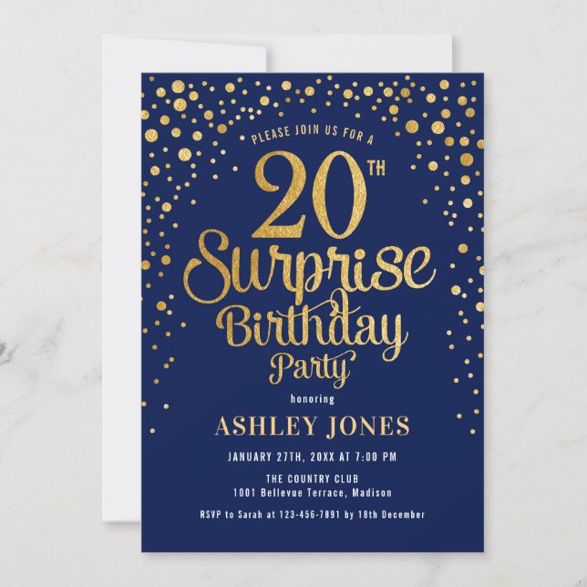 Surprise 20th Birthday Party - Navy & Gold Invitation (Front)
