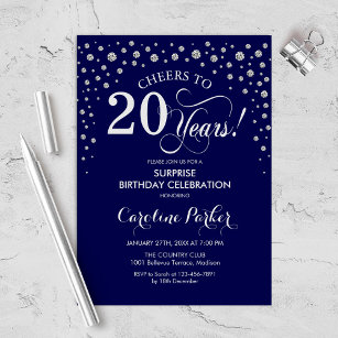 Surprise 20th Birthday Party - Navy Silver Invitation
