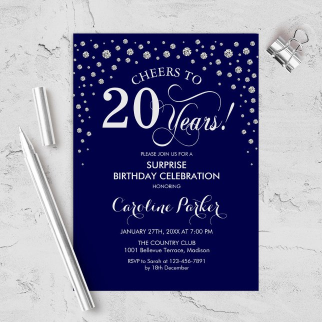 Surprise 20th Birthday Party - Navy Silver Invitation (Creator Uploaded)