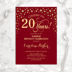 Surprise 20th Birthday Party - Red Gold Invitation