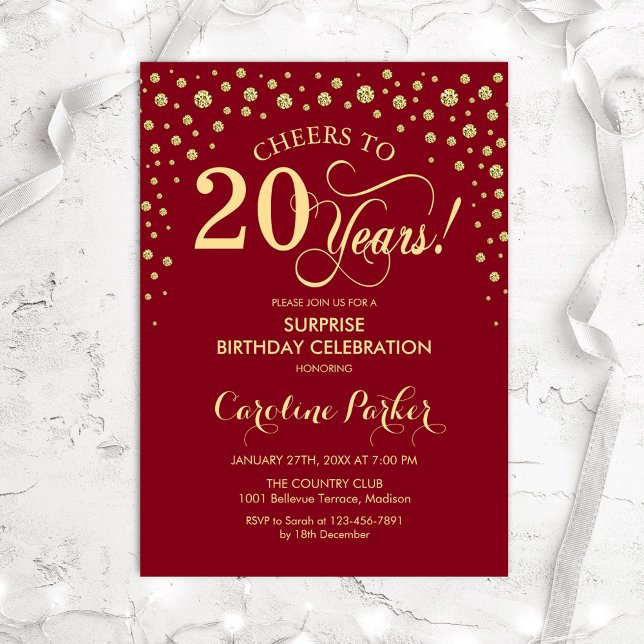 Surprise 20th Birthday Party - Red Gold Invitation (Creator Uploaded)
