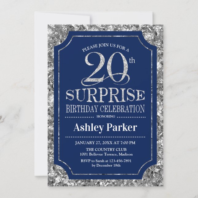 Surprise 20th Birthday Party - Silver Navy Blue Invitation (Front)