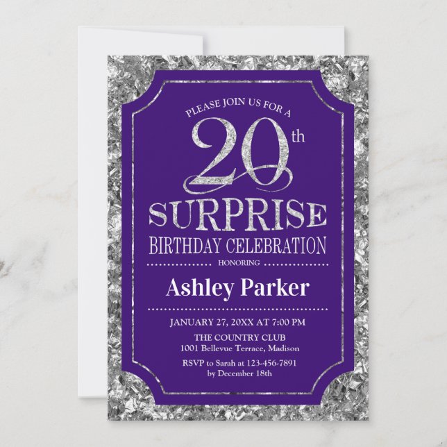 Surprise 20th Birthday Party - Silver Purple Invitation (Front)