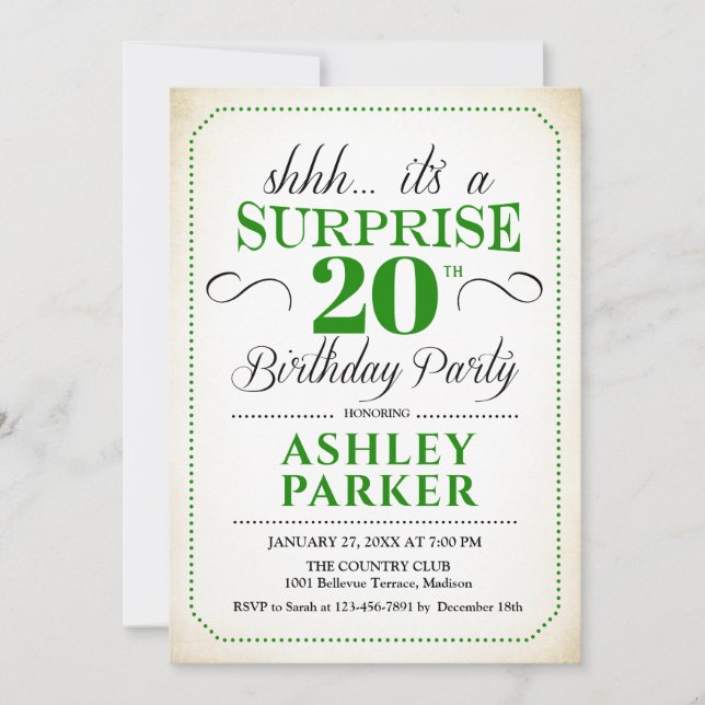 Surprise 20th Birthday Party - White Green Invitation (Front)